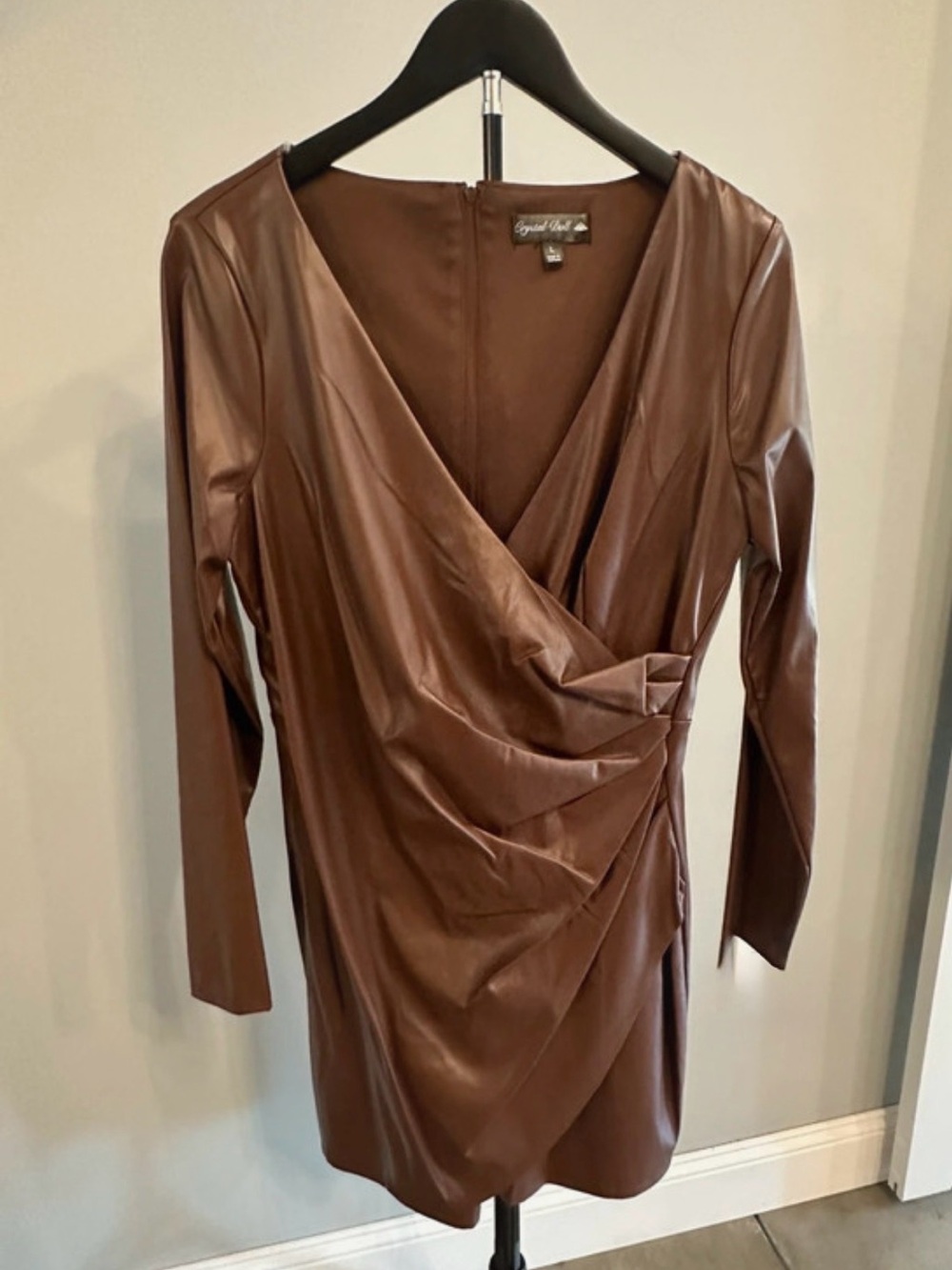 Crystal Doll Brown Faux Leather Long Sleeve Wrap Dress